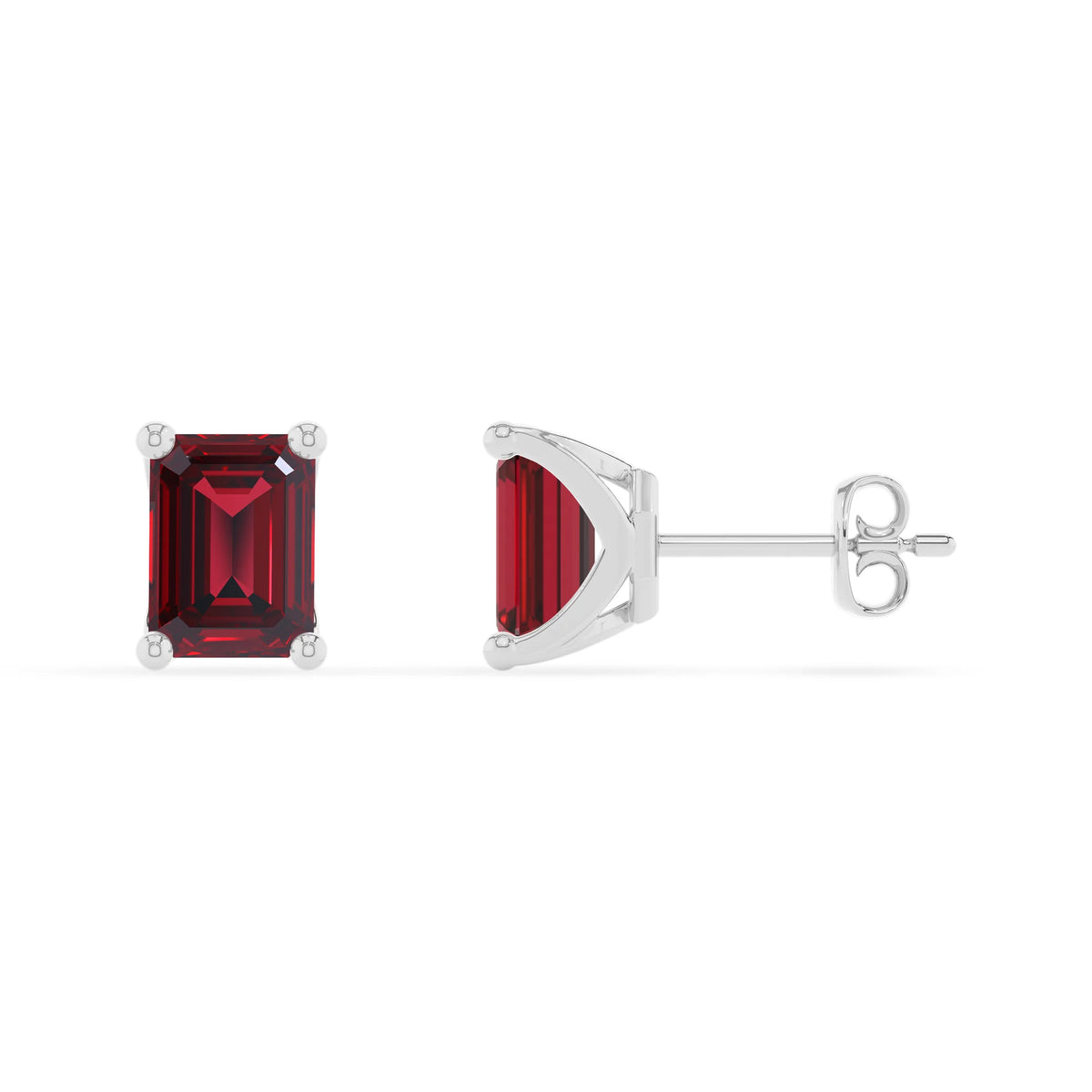 lab grown ruby emerald cut stud earrings in white gold 