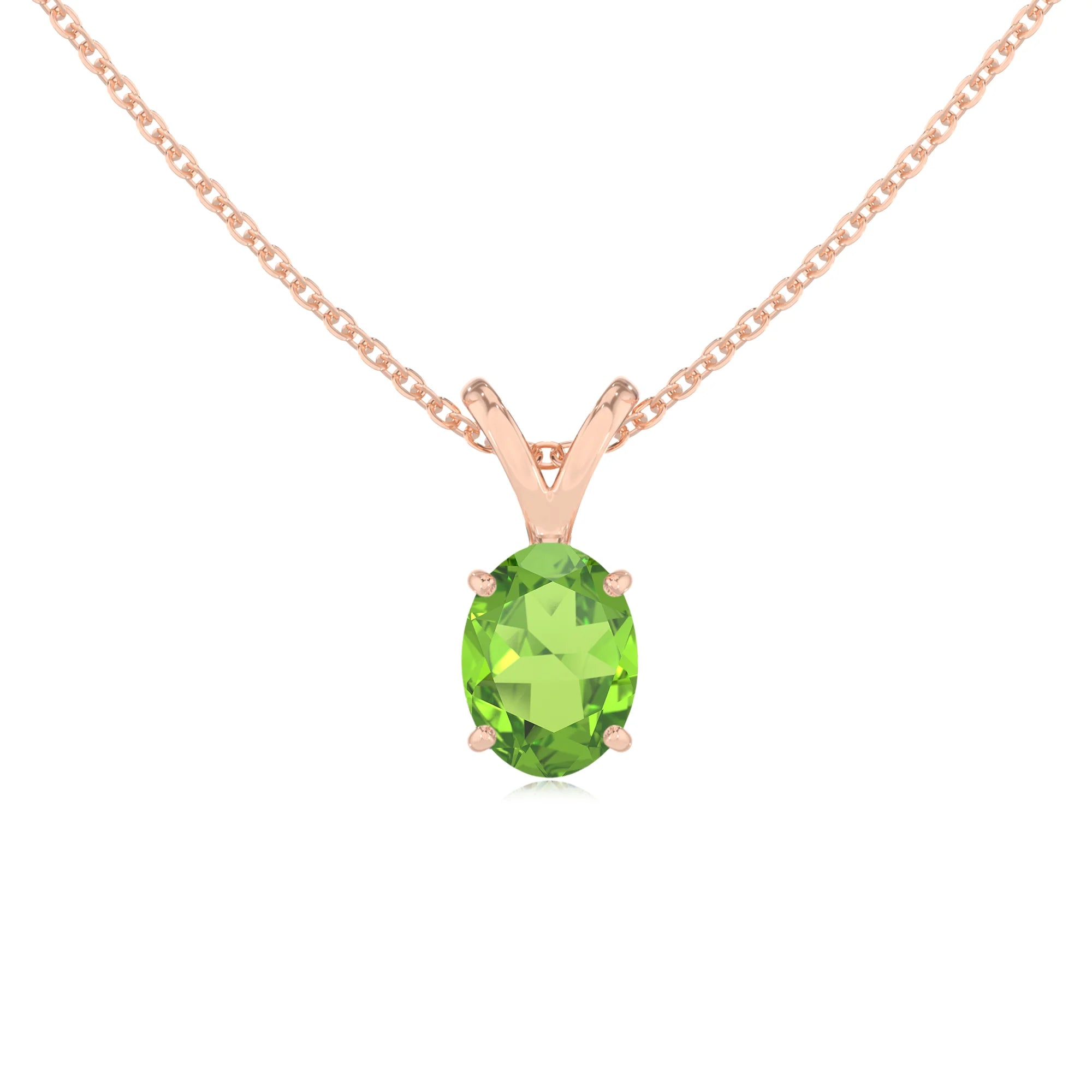 natural peridot oval solitaire v-bale necklaces in rose gold 