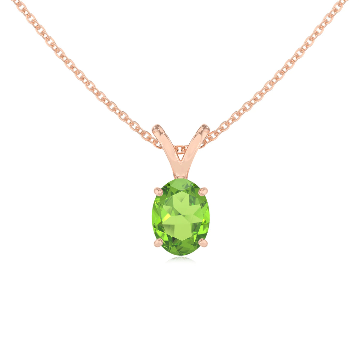 natural peridot oval solitaire v-bale necklaces in rose gold 