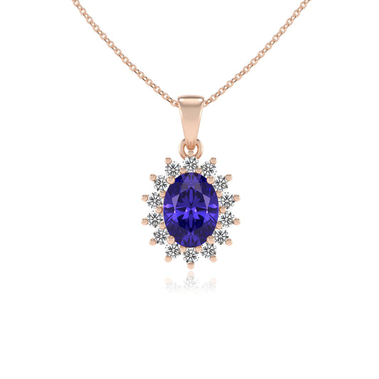 lab grown tanzanite oval halo necklaces in rose gold 