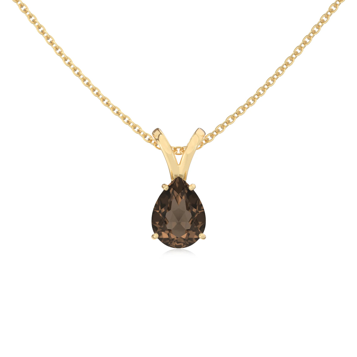 natural smoky-quartz pear solitaire v-bale necklaces in yellow gold 