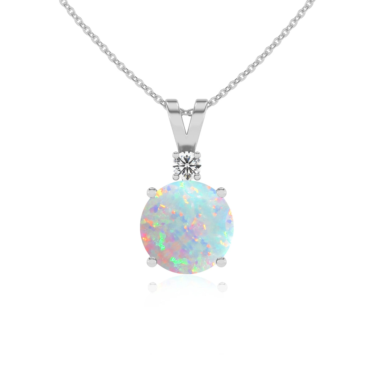 lab grown opal round solitaire v-bale necklaces in white gold 