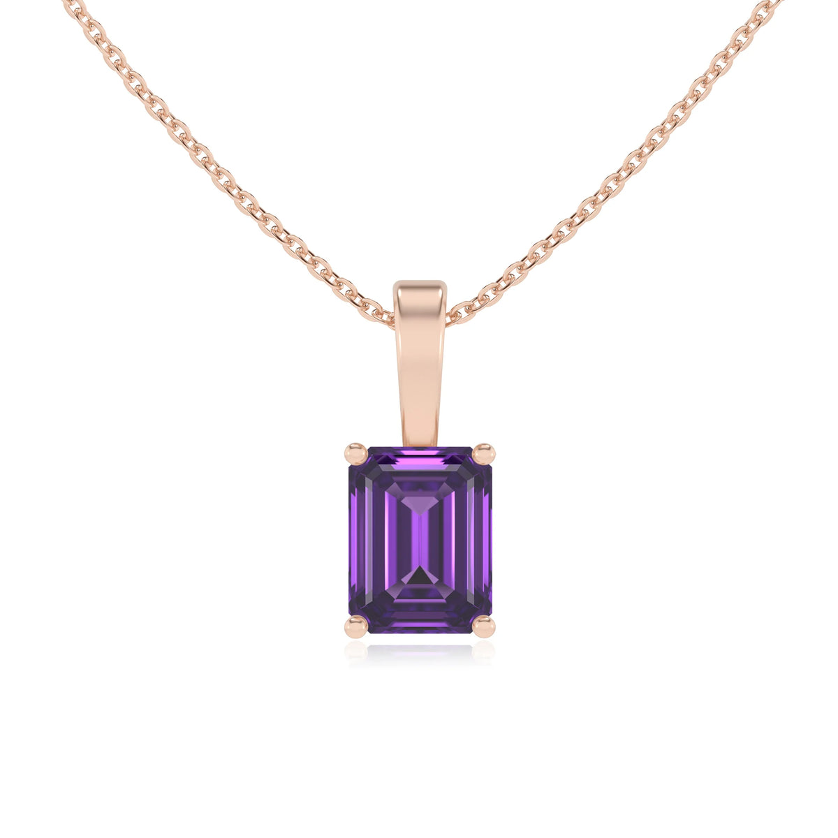 lab grown amethyst emerald cut solitaire necklaces in rose gold 
