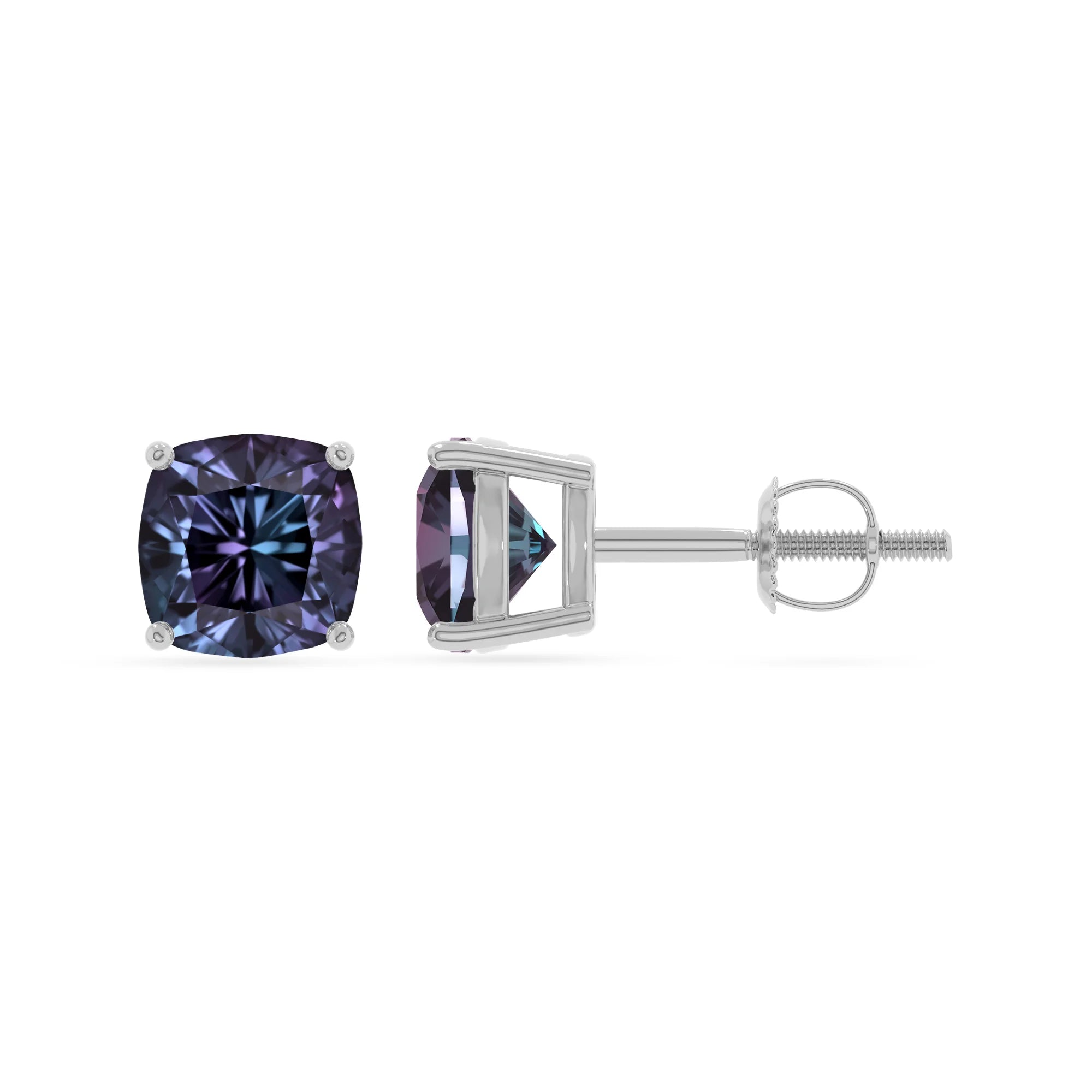 lab grown alexandrite cushion stud earrings in white gold 