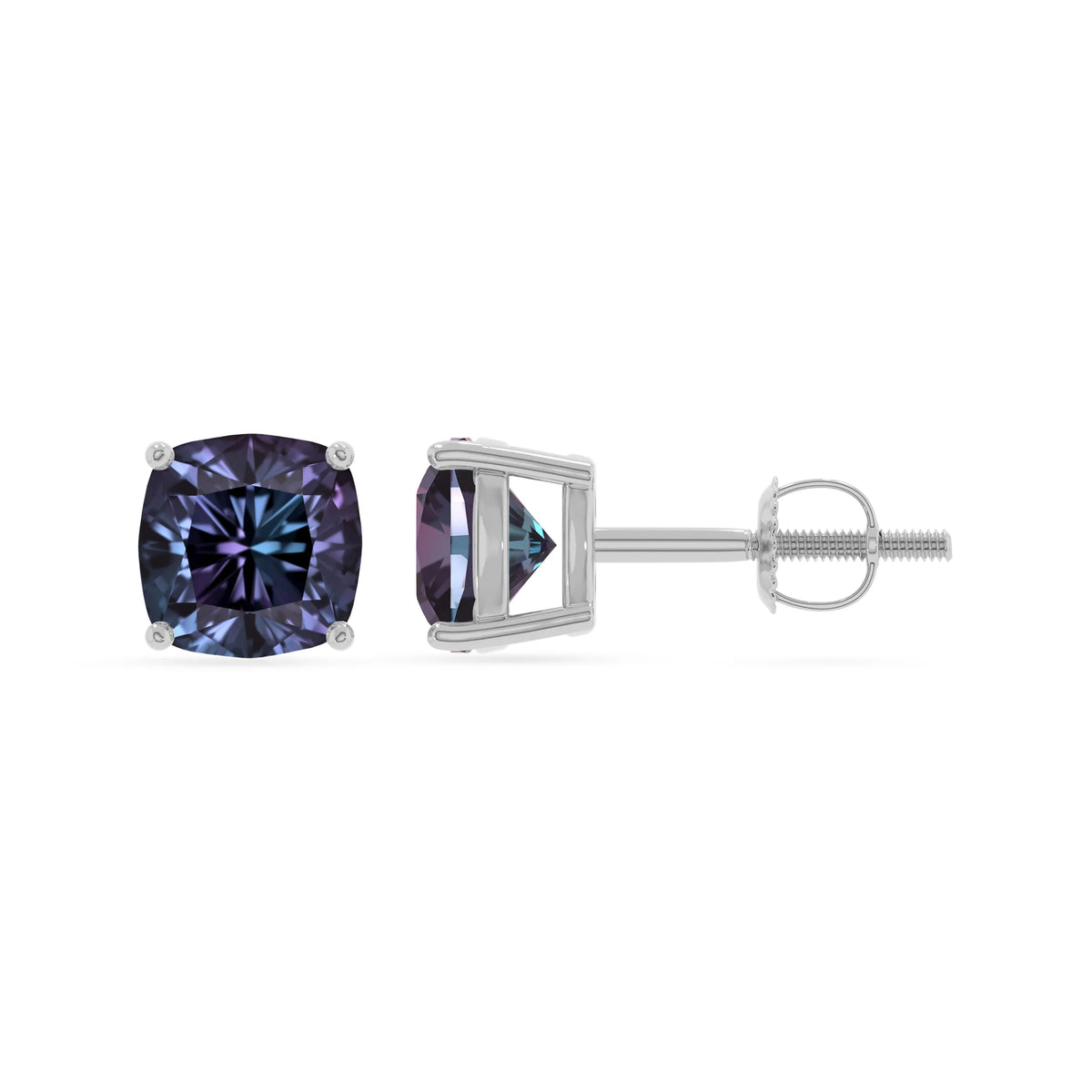 lab grown alexandrite cushion stud earrings in white gold 