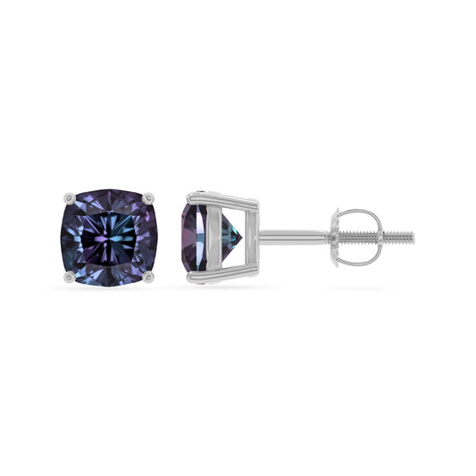 lab grown alexandrite cushion stud earrings in white gold 