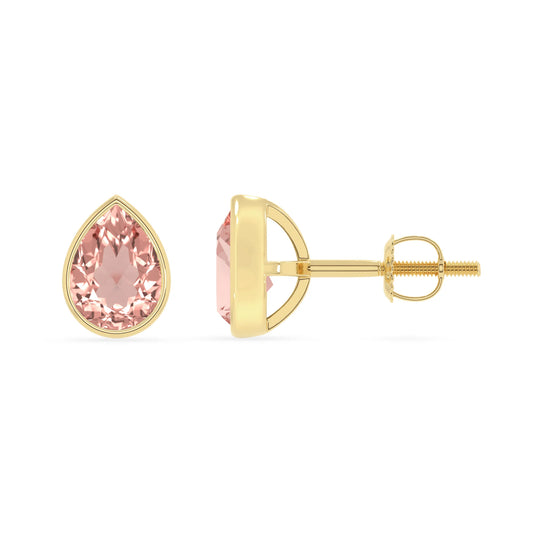 lab grown morganite pear stud earrings in yellow gold 