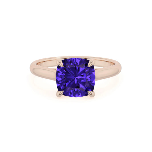 lab grown tanzanite cushion solitaire rings in rose gold 