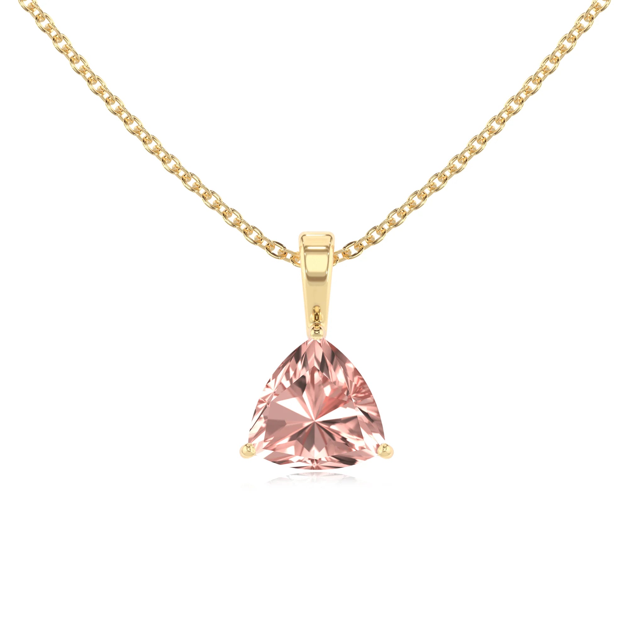 lab grown morganite trillion solitaire necklaces in yellow gold 