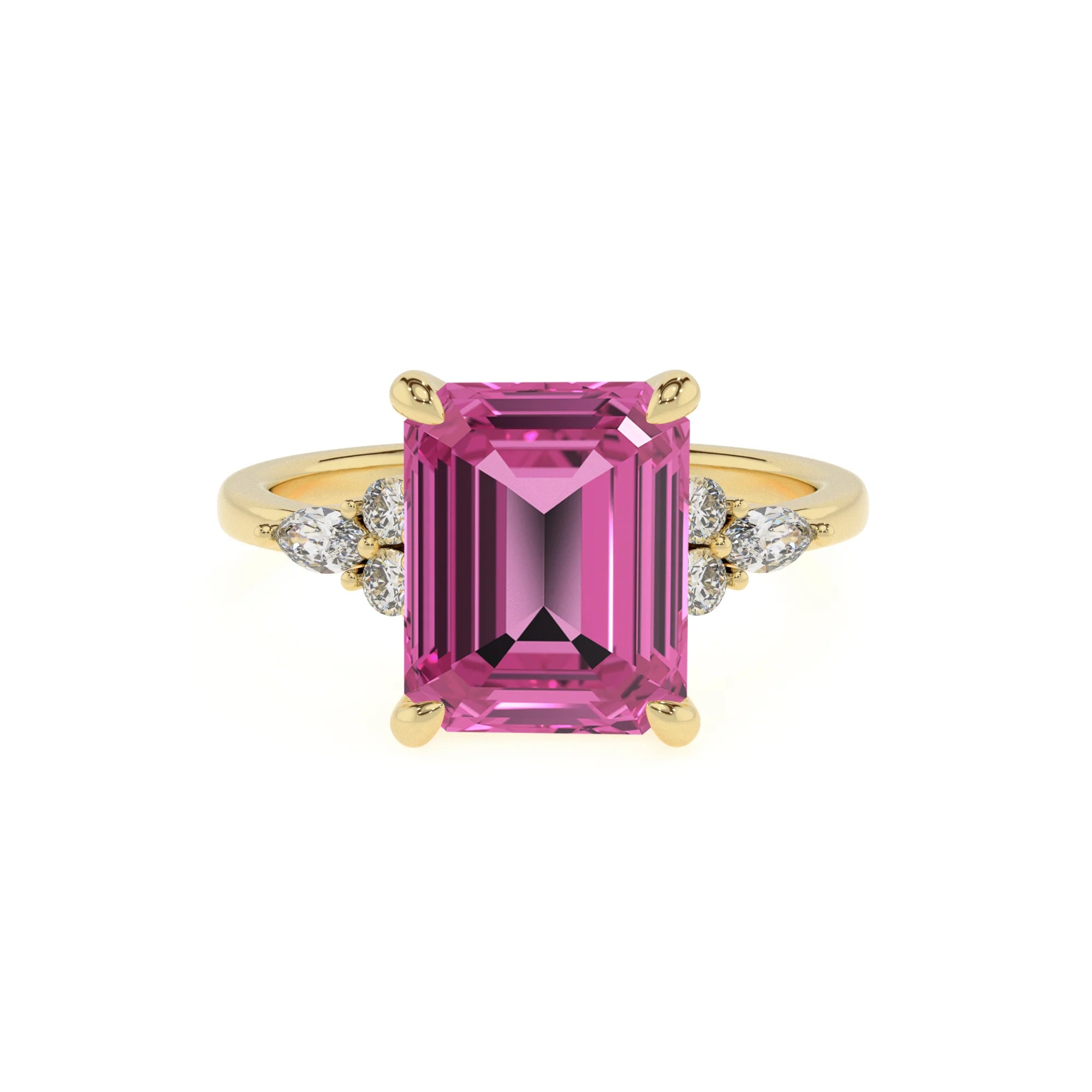 lab grown pink-sapphire emerald cut solitaire rings in yellow gold 