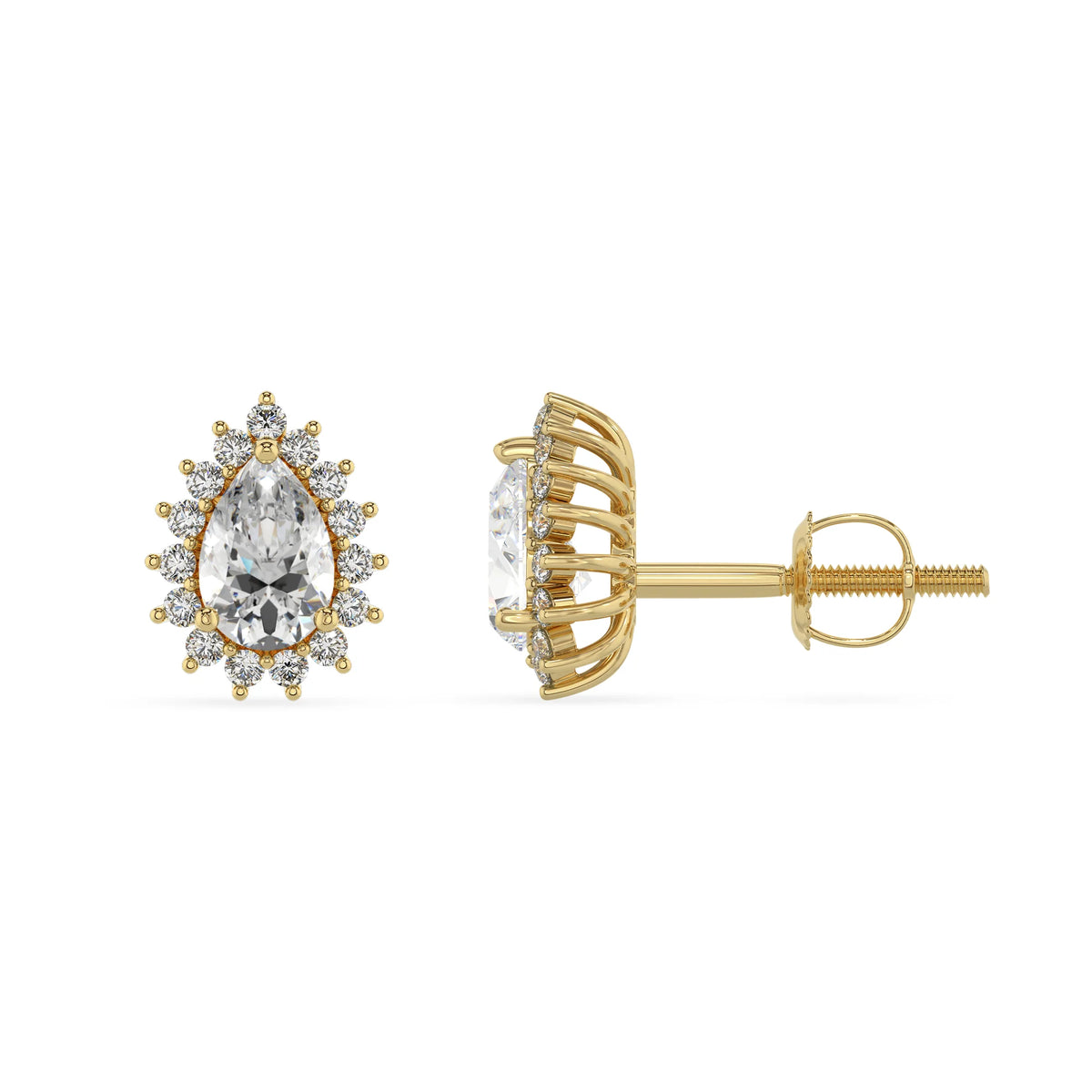 lab grown moissanite pear stud earrings in yellow gold 