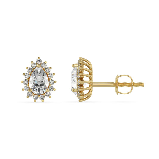 lab grown moissanite pear stud earrings in yellow gold 