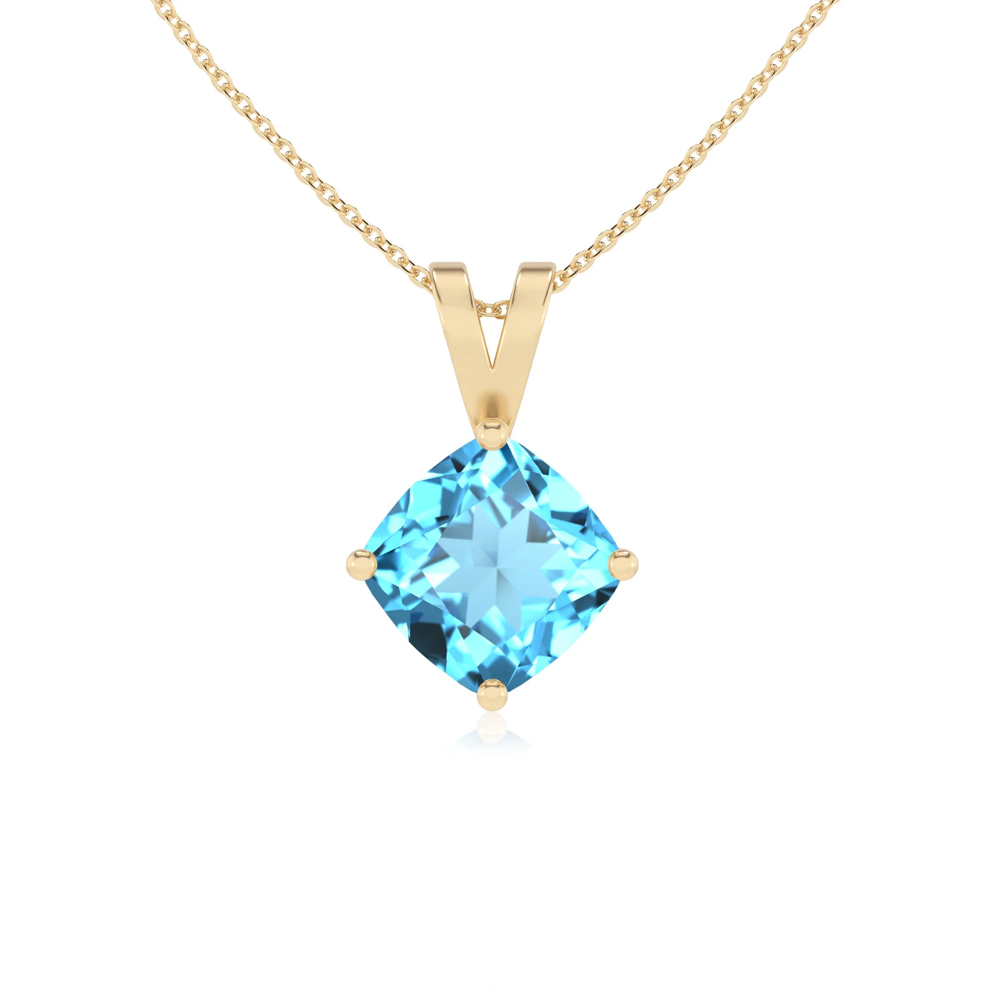 natural swiss-blue-topaz cushion solitaire v-bale necklaces in yellow gold 
