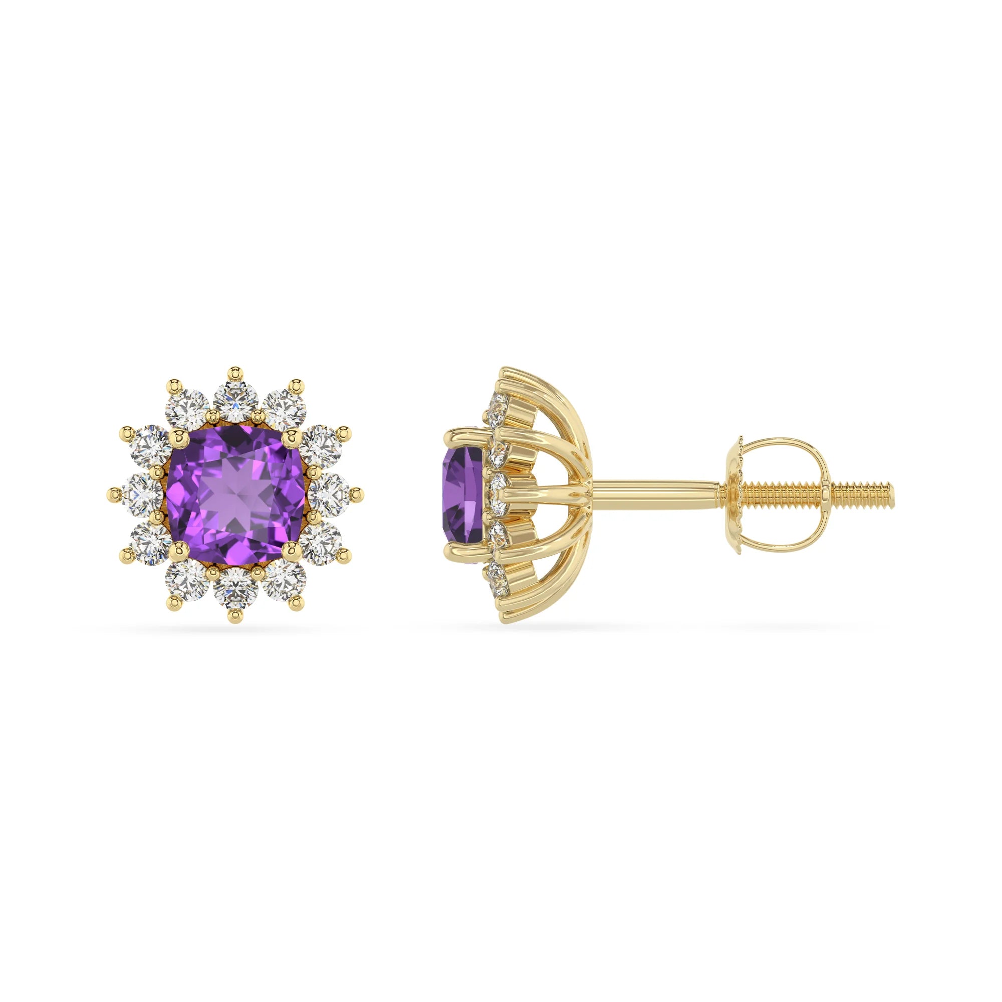 lab grown amethyst cushion stud earrings in yellow gold 