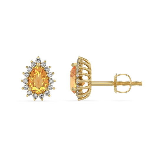lab grown citrine pear stud earrings in yellow gold 