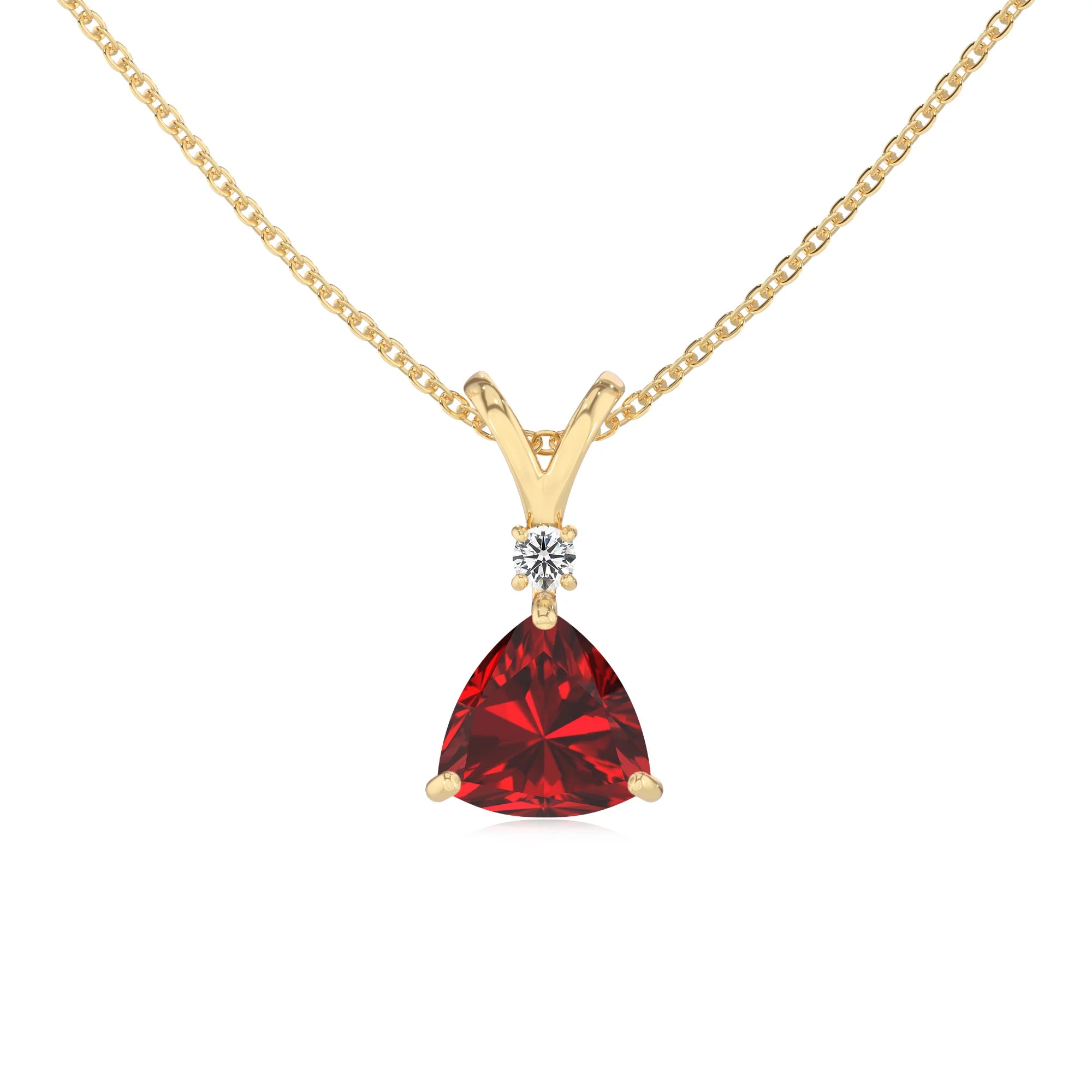 lab grown ruby trillion solitaire v-bale necklaces in yellow gold 