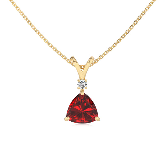 lab grown ruby trillion solitaire v-bale necklaces in yellow gold 
