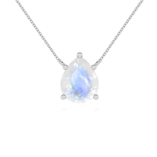 natural rainbow-moonstone pear solitaire necklaces in white gold 