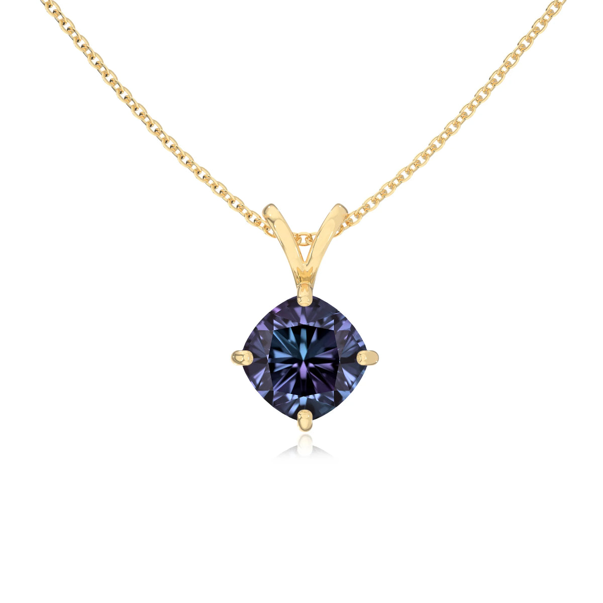 lab grown alexandrite cushion solitaire v-bale necklaces in yellow gold 