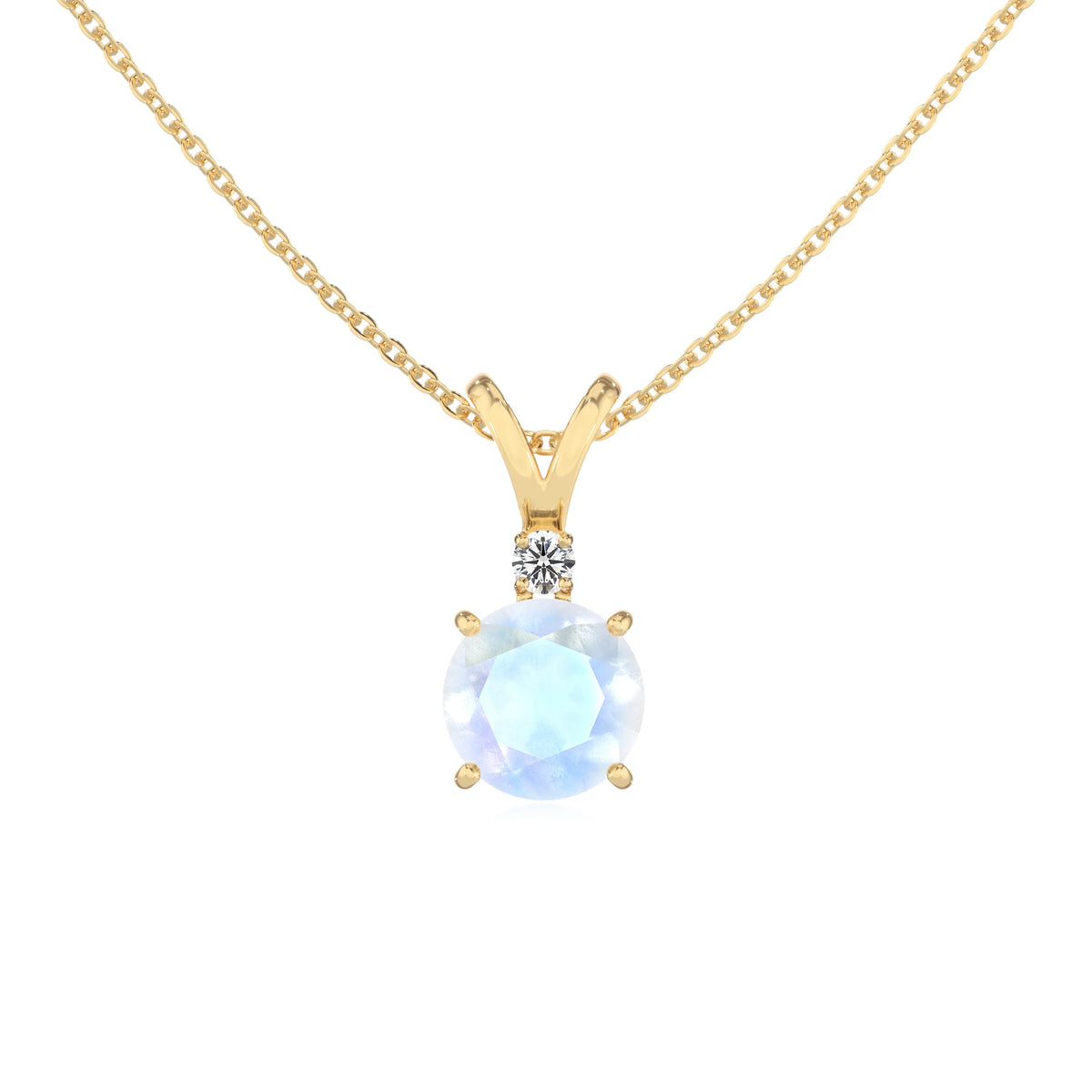 natural rainbow-moonstone round solitaire v-bale necklaces in yellow gold 