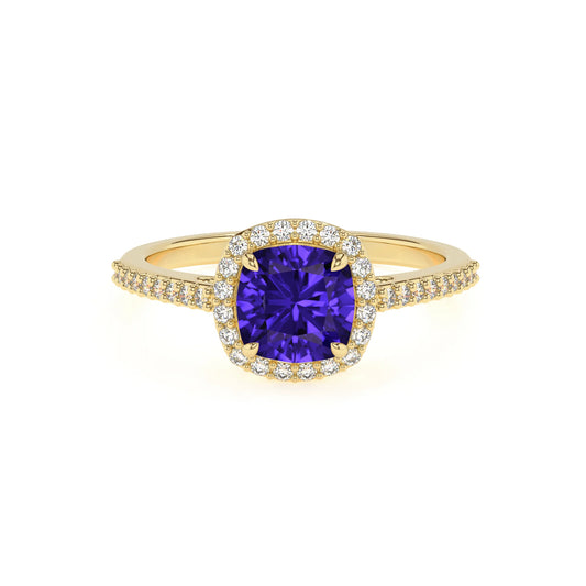 lab grown tanzanite cushion solitaire rings in yellow gold 