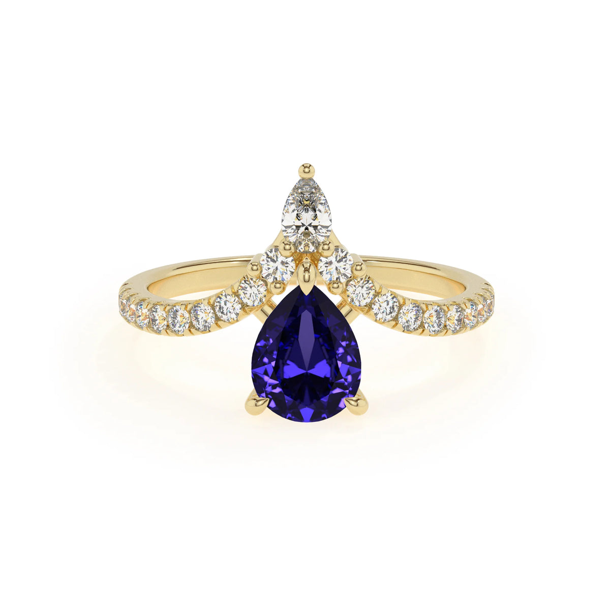 lab grown tanzanite pear solitaire rings in yellow gold 