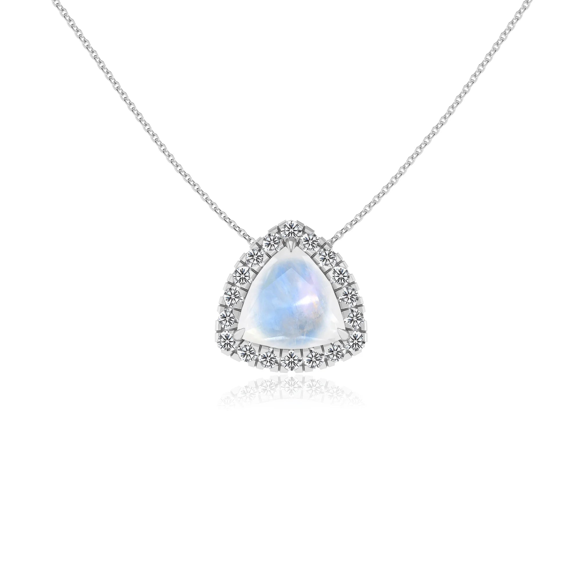 natural rainbow moonstone trillion solitaire necklaces in white gold 