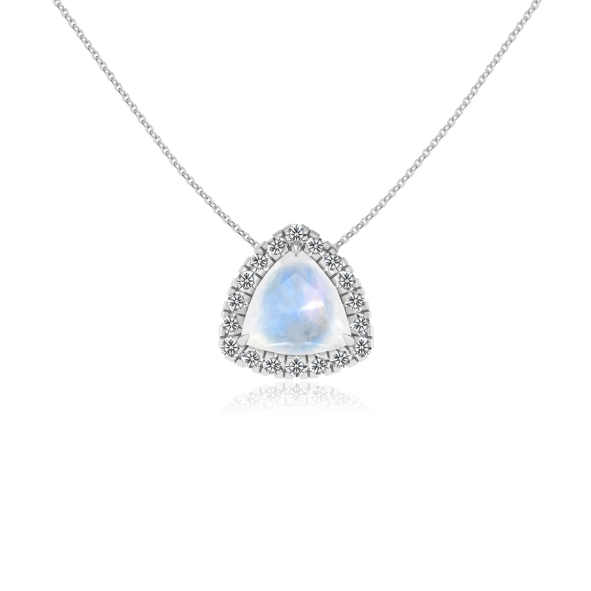 natural rainbow moonstone trillion solitaire necklaces in white gold 