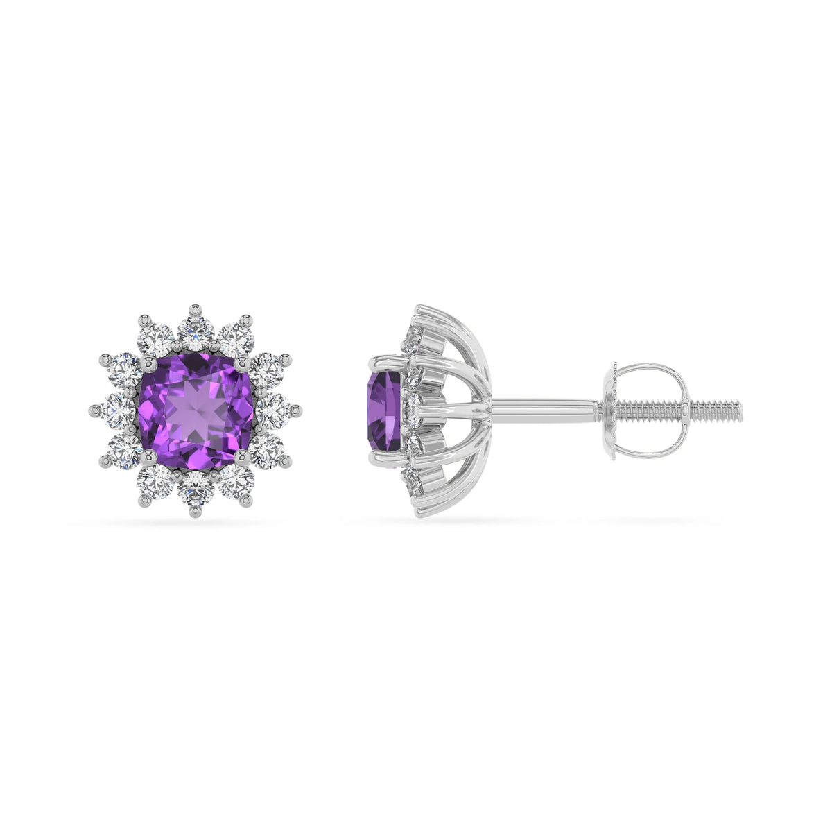 lab grown amethyst cushion stud earrings in sterling silver 