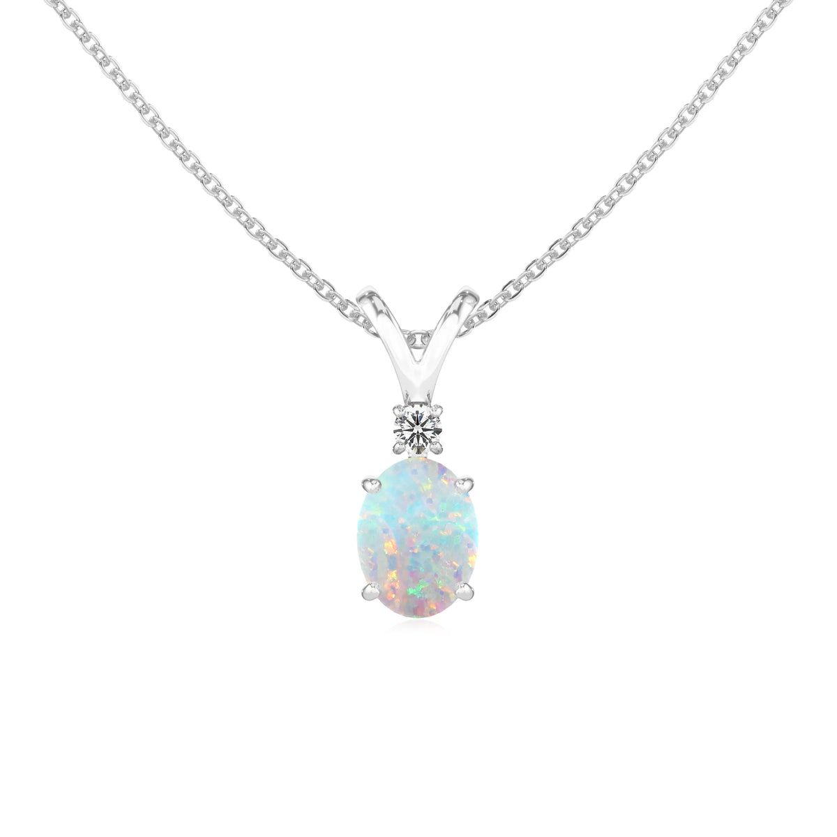 lab grown opal oval solitaire v-bale necklaces in white gold 