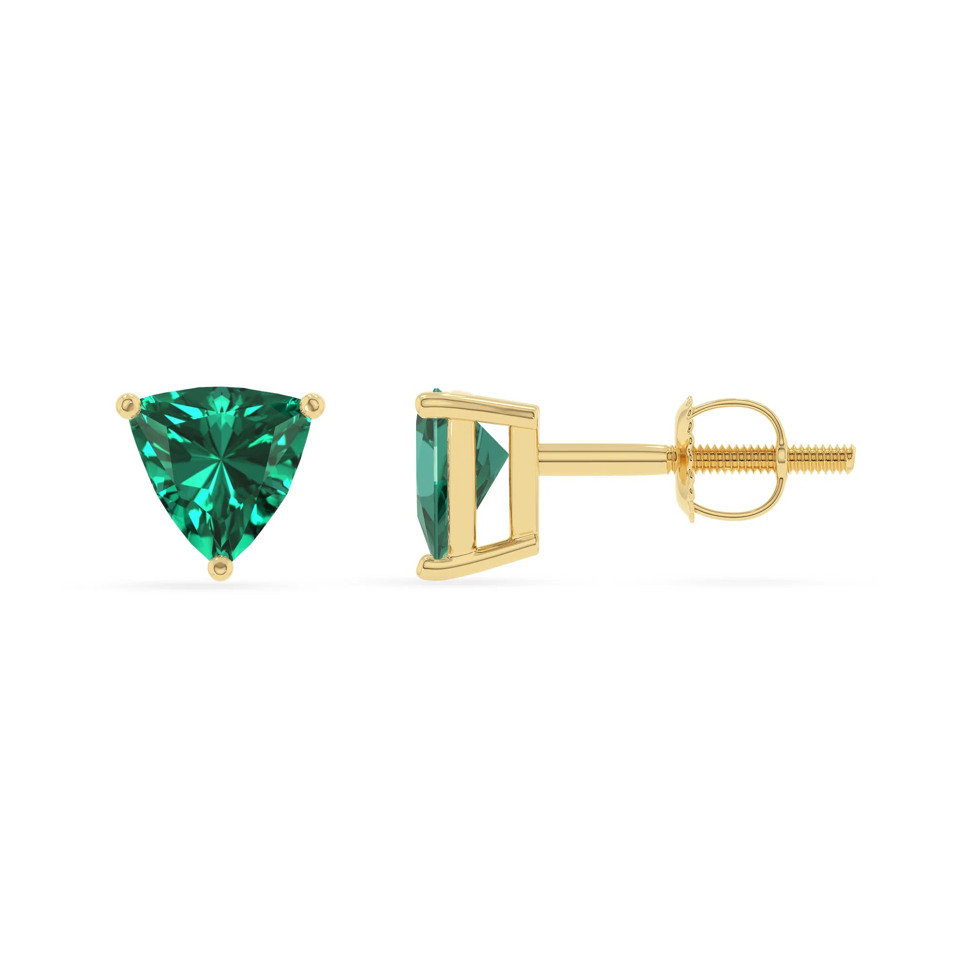 lab grown emerald trillion stud earrings in yellow gold 