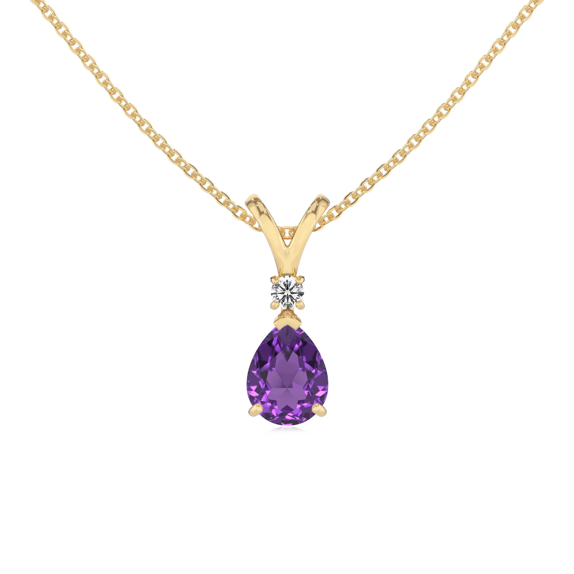 lab grown amethyst pear solitaire v-bale necklaces in yellow gold 