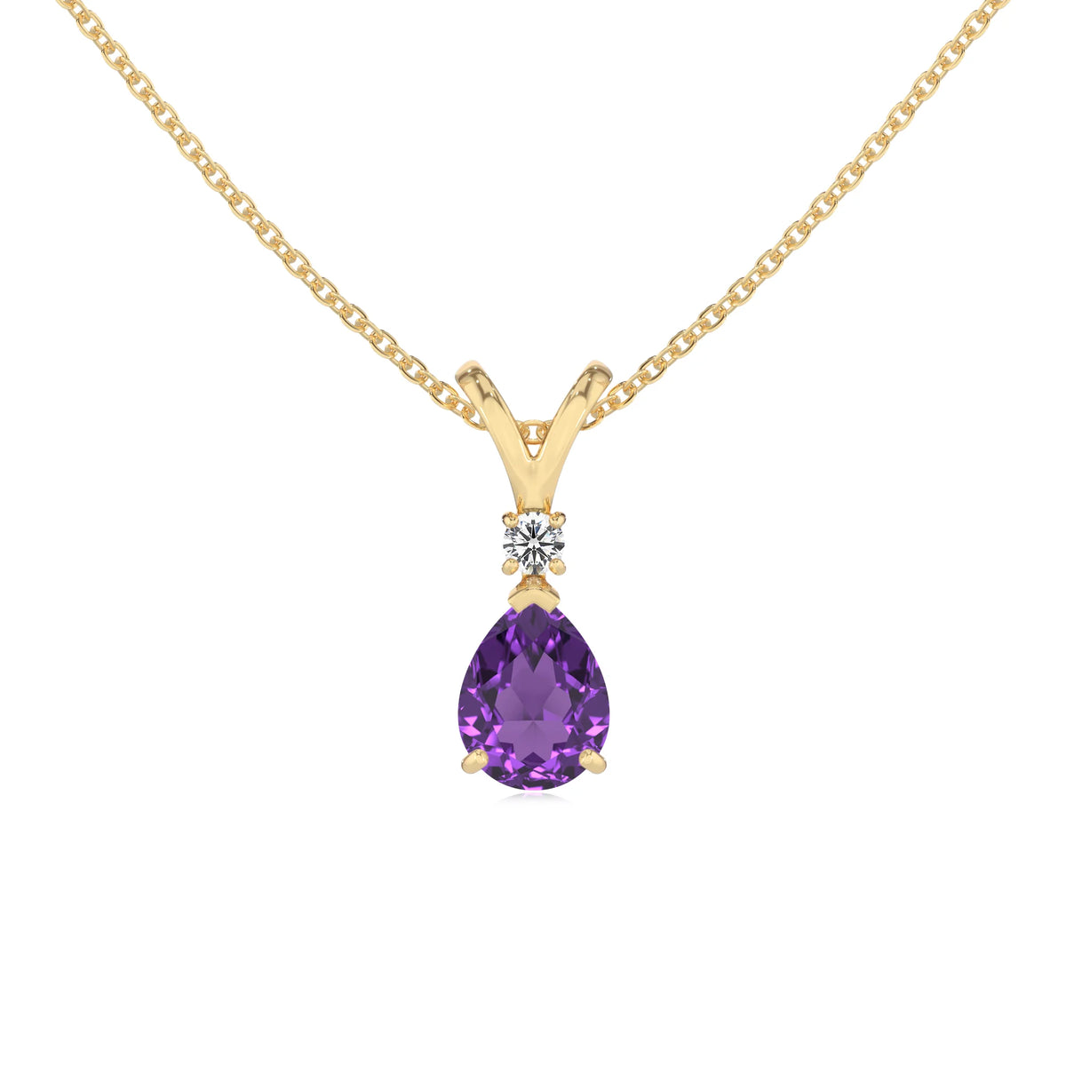 lab grown amethyst pear solitaire v-bale necklaces in yellow gold 