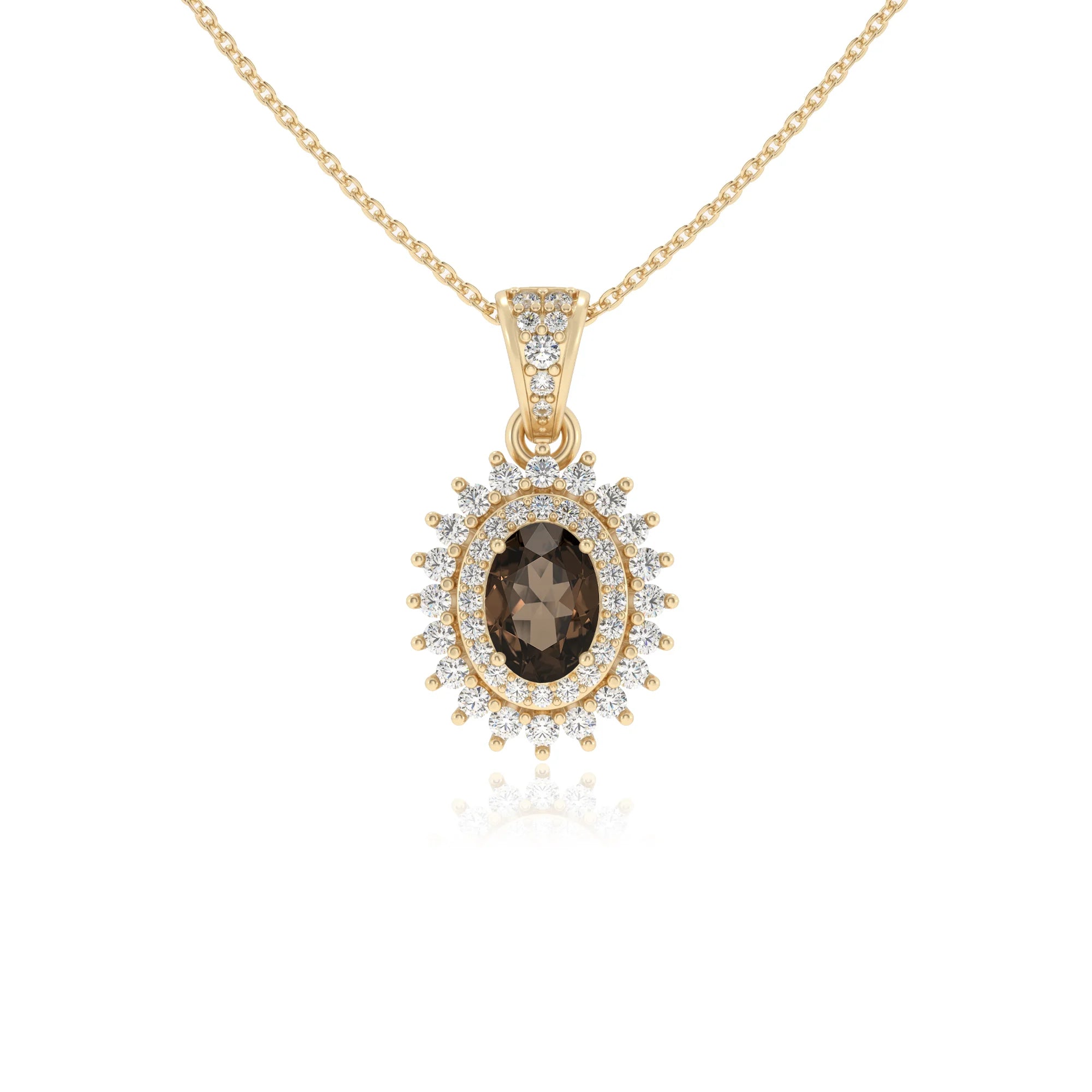 natural smoky-quartz oval halo necklaces in yellow gold 
