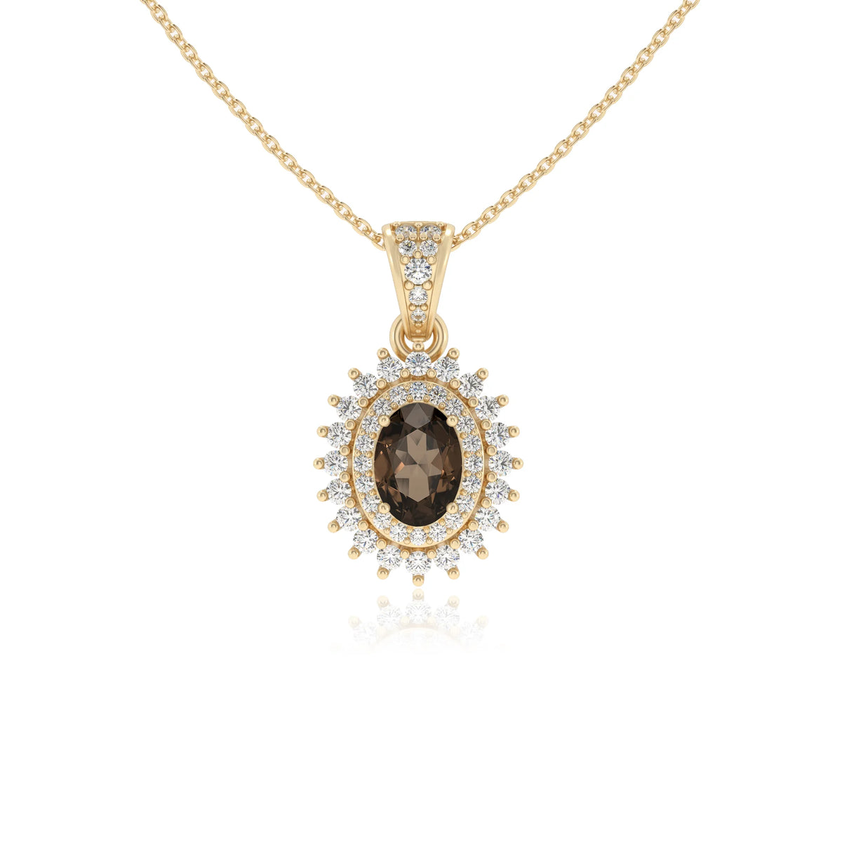 natural smoky-quartz oval halo necklaces in yellow gold 