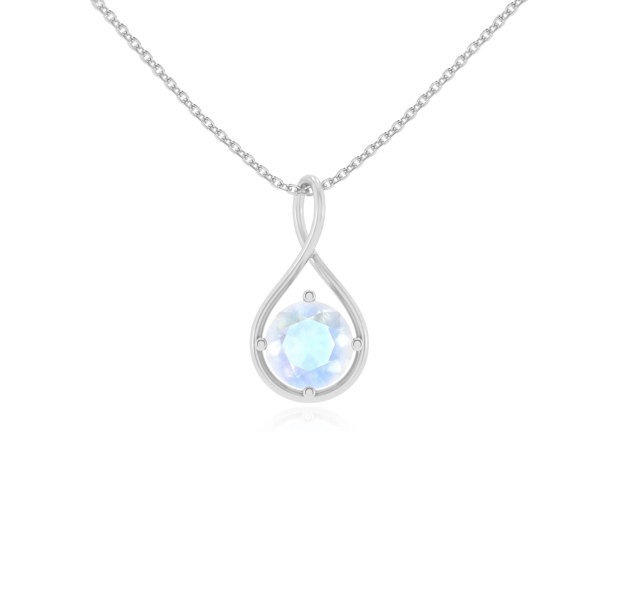 natural rainbow-moonstone round solitaire necklaces in white gold 