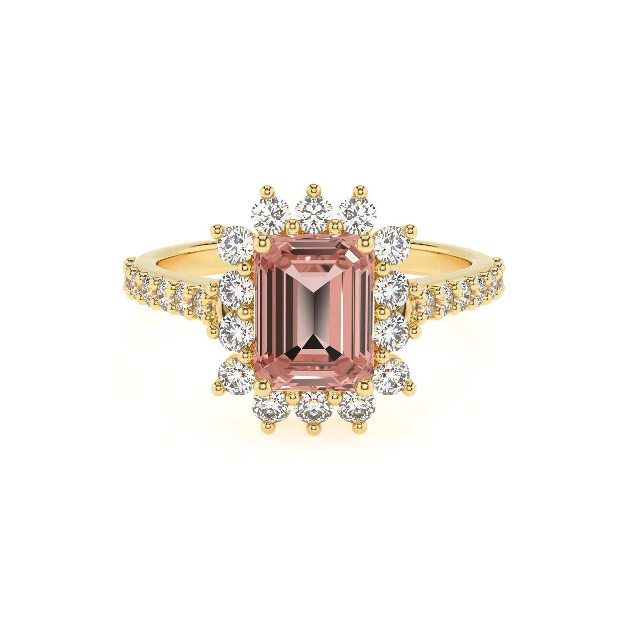 lab grown morganite emerald cut solitaire rings in yellow gold 