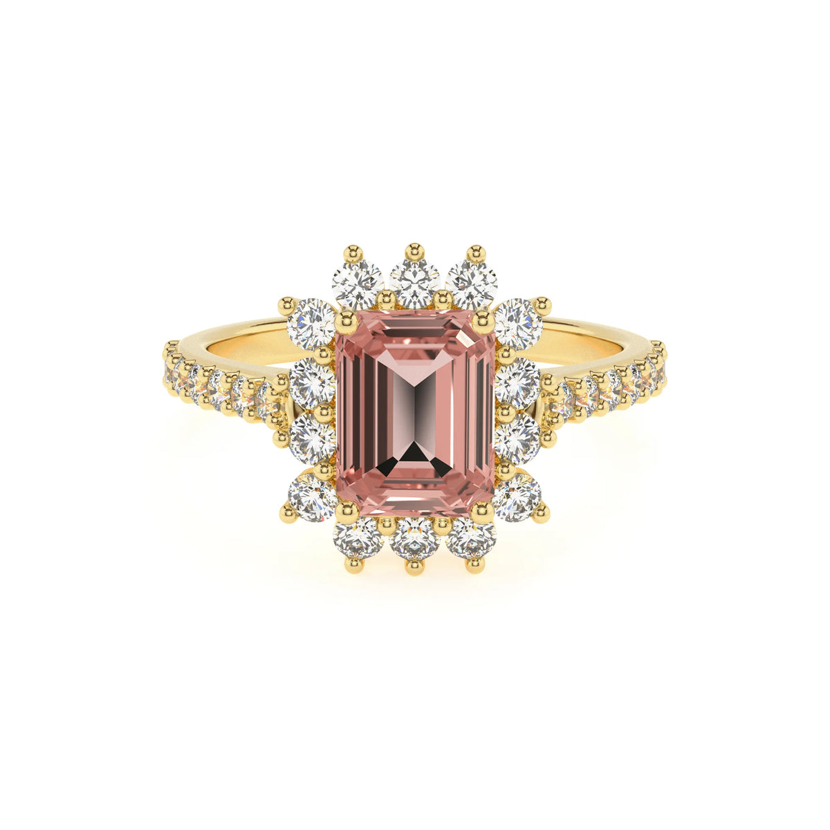 lab grown morganite emerald cut solitaire rings in yellow gold 