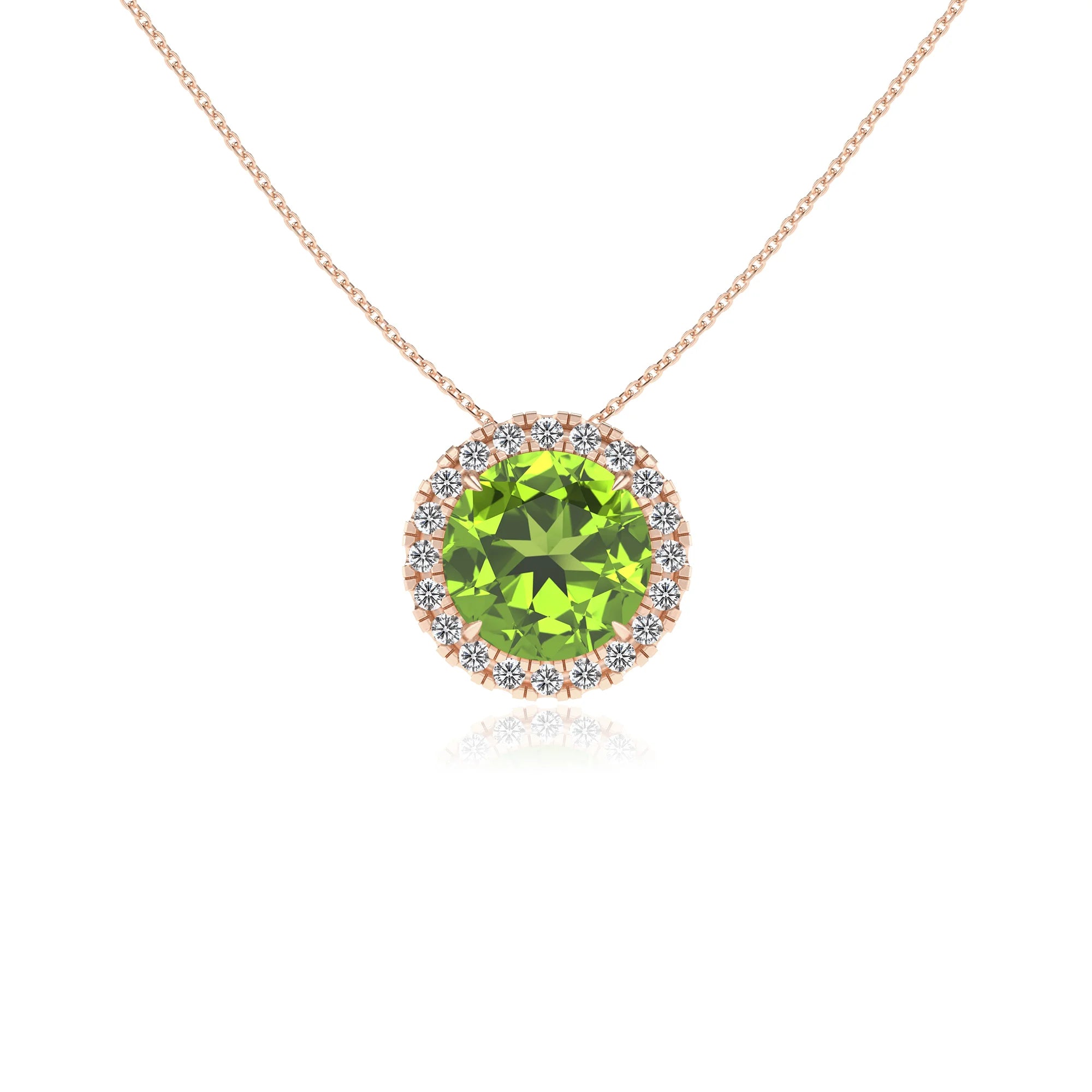 natural peridot round solitaire necklaces in rose gold 