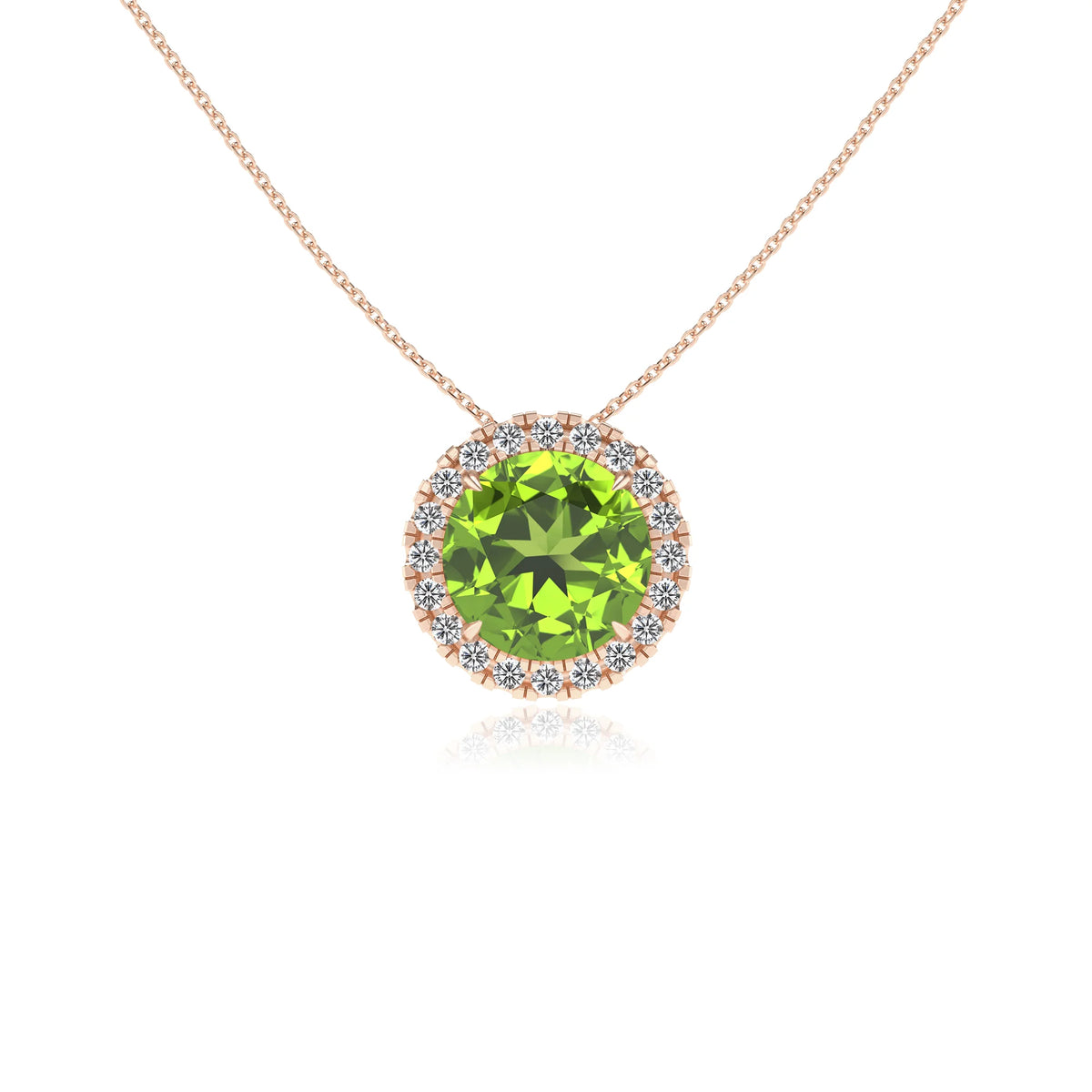 natural peridot round solitaire necklaces in rose gold 