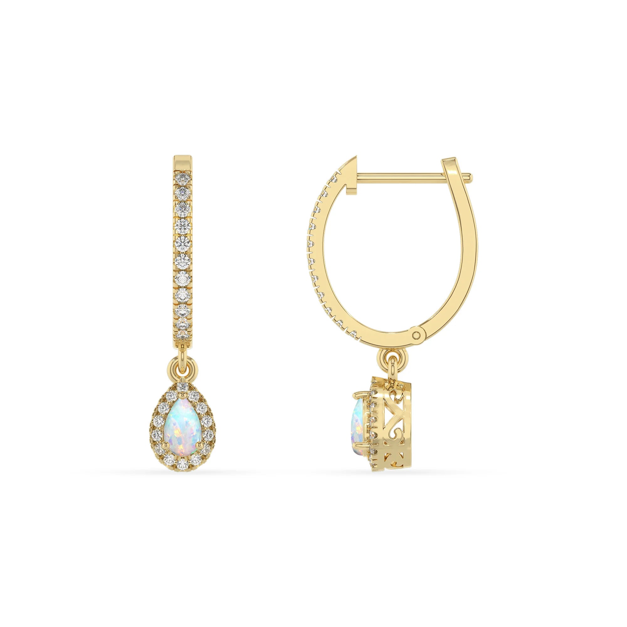 lab grown opal pear drop earrings in yellow gold 