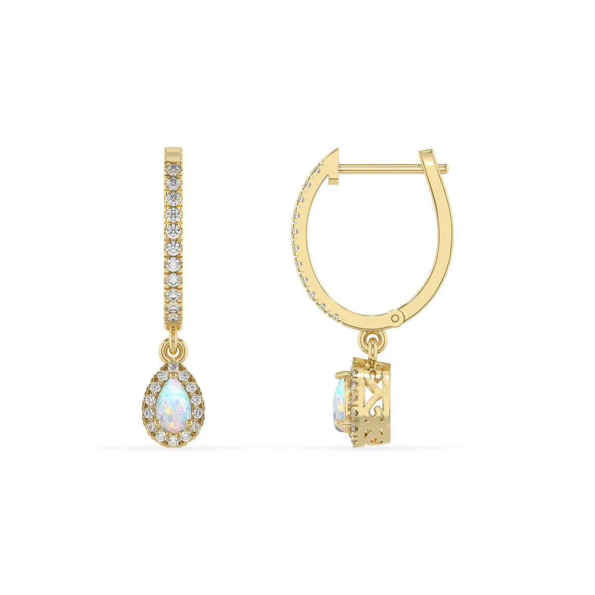 lab grown opal pear drop earrings in yellow gold 