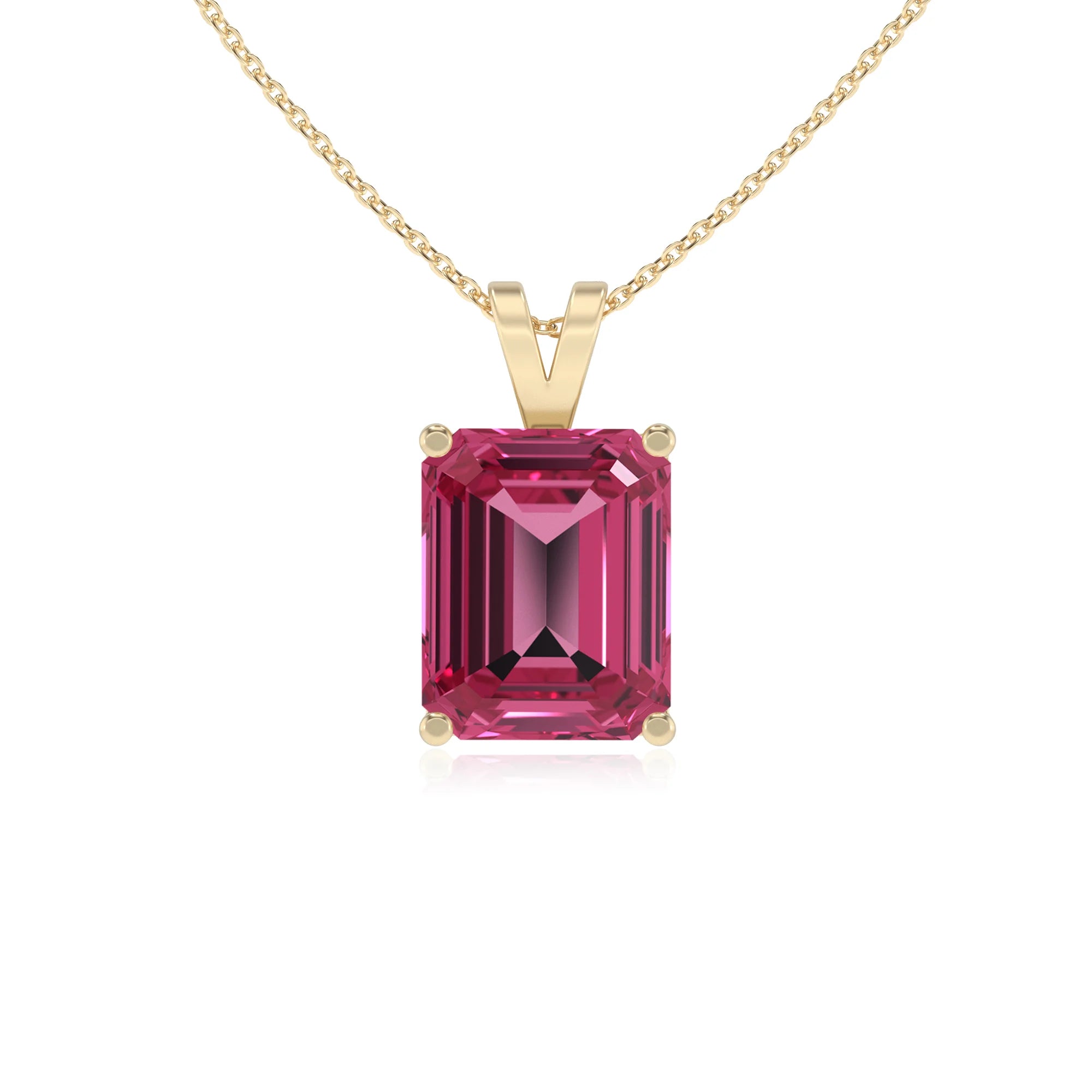 lab grown pink-tourmaline emerald cut solitaire v-bale necklaces in yellow gold 