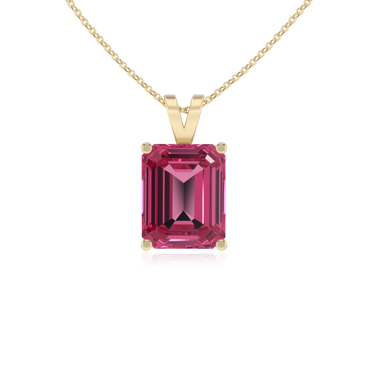 lab grown pink-tourmaline emerald cut solitaire v-bale necklaces in yellow gold 