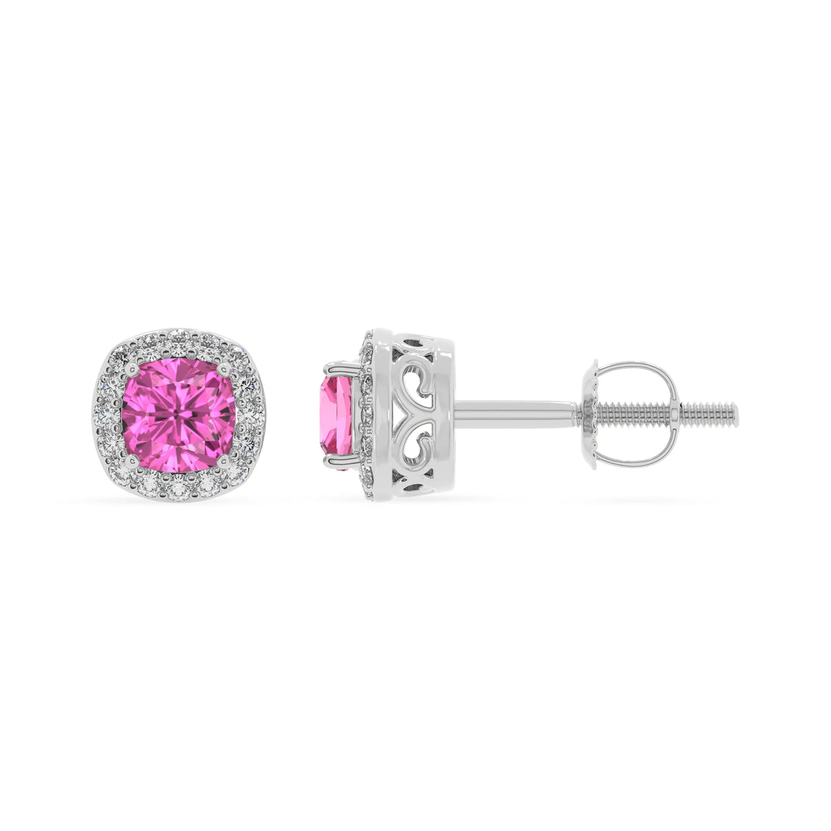 lab grown pink sapphire cushion stud earrings in sterling silver 