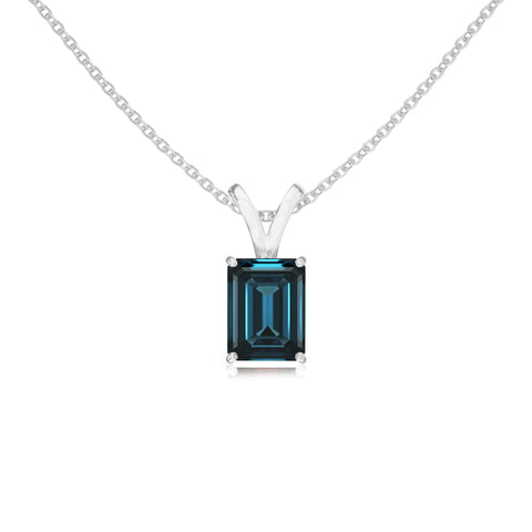 Natural London Blue Topaz Emerald-Cut Solitaire V-Bale Pendant Necklace with 18" Chain