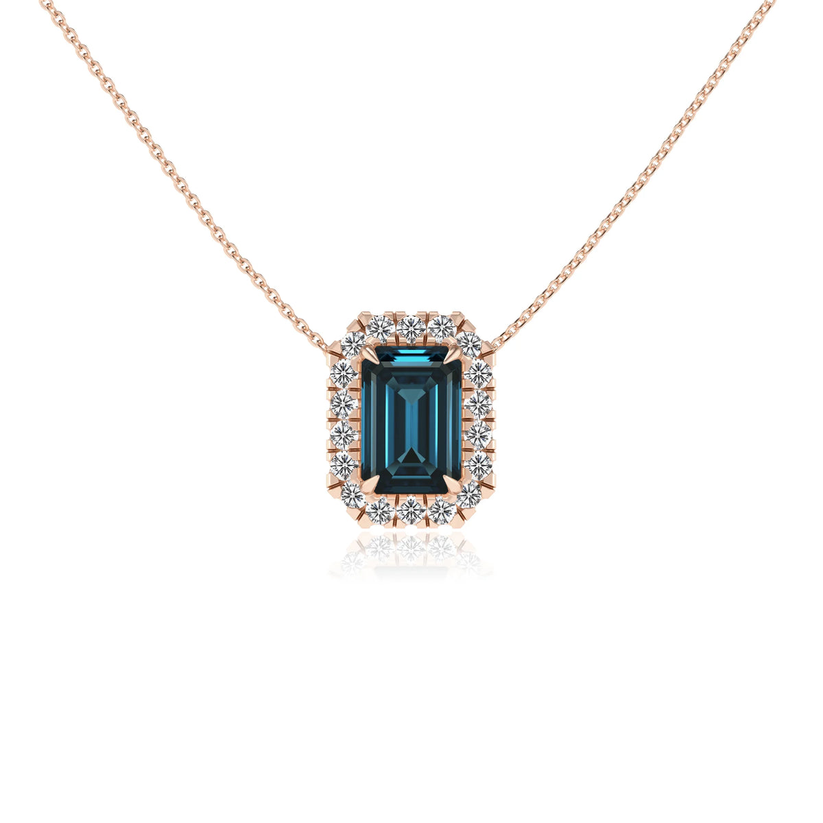 natural london blue topaz emerald cut solitaire necklaces in rose gold 