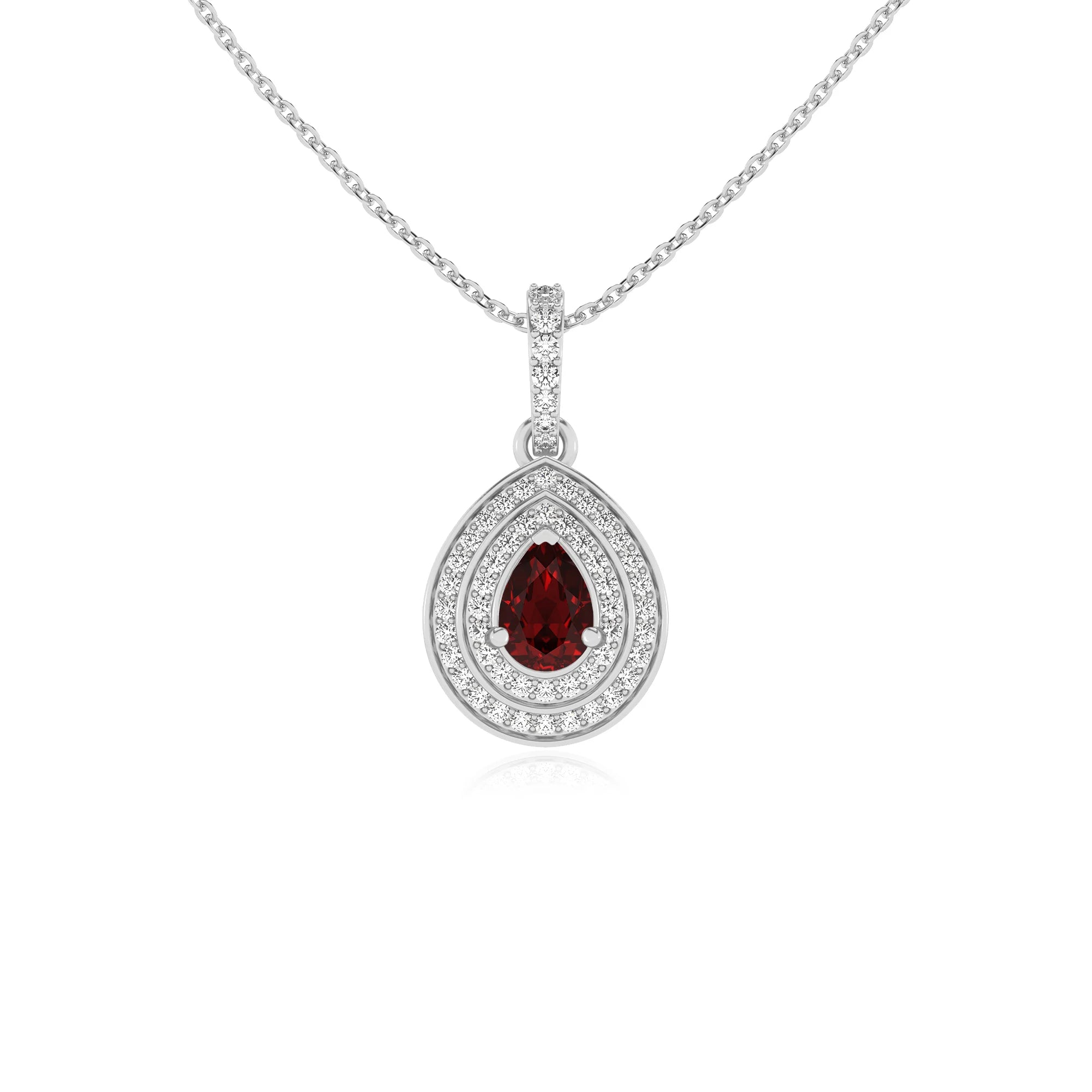 natural garnet pear halo necklaces in white gold 