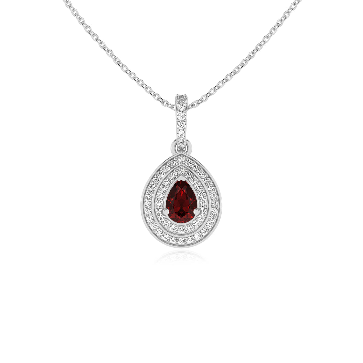 natural garnet pear halo necklaces in white gold 