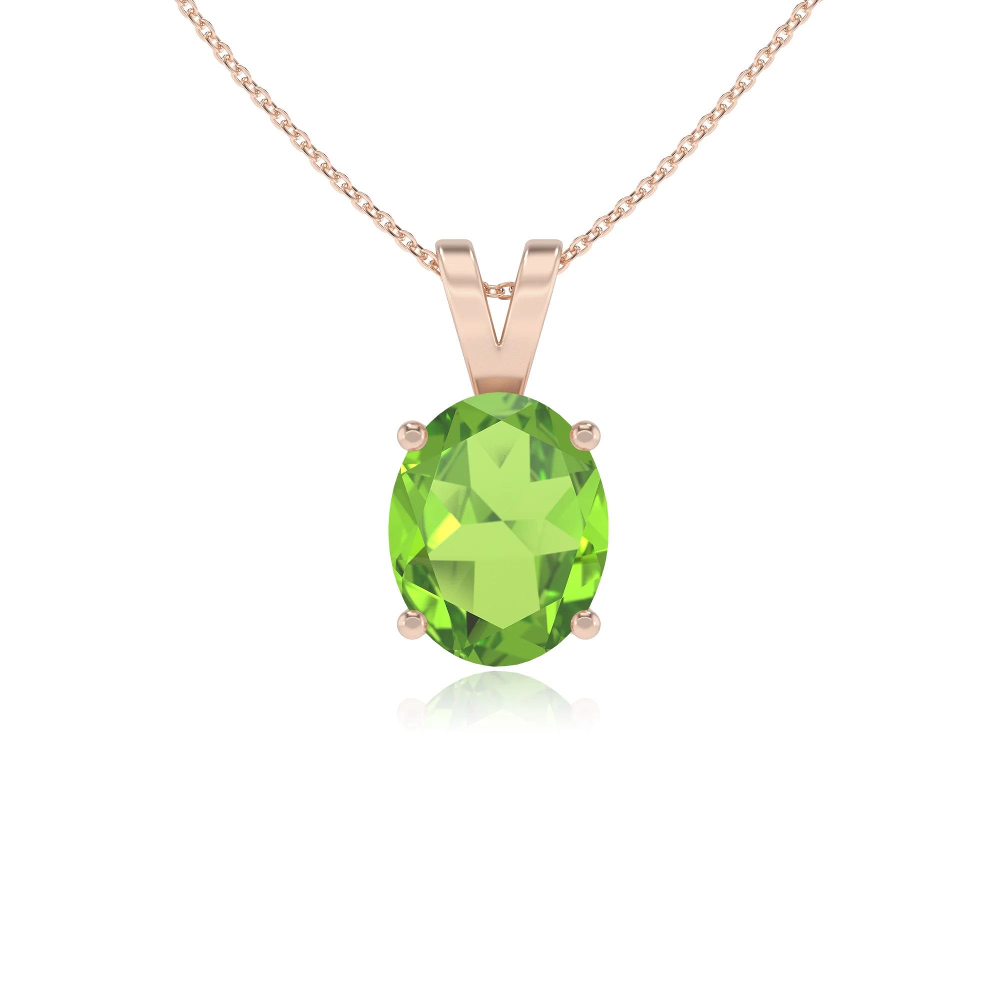 natural peridot oval solitaire v-bale necklaces in rose gold 